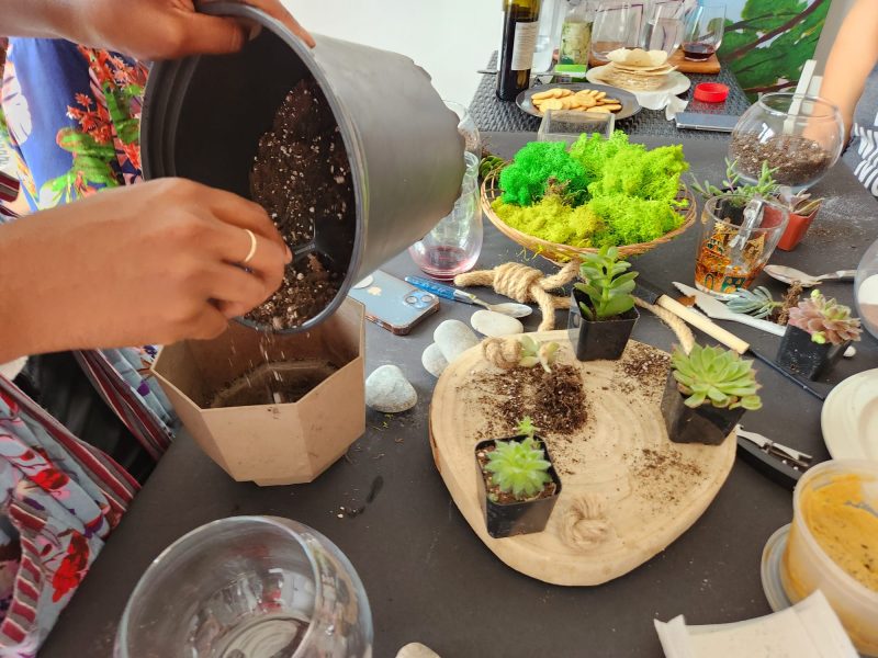 Image of a person scooping soil from a large pot into a smaller one on a table full of succulent terrarium making supplies.